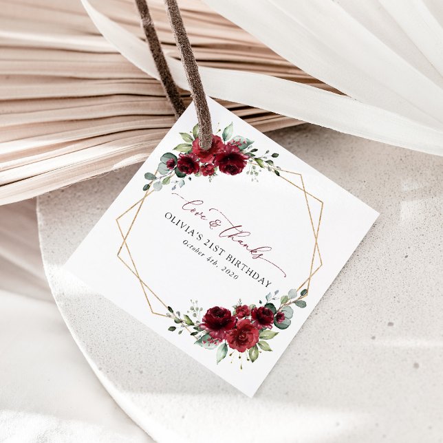 Étiquettes Cadeau Fleurs Bourgognes, Fleurs Rouges, Boho, Anniversai (Créateur téléchargé)