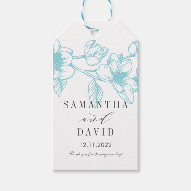 Étiquettes-cadeau Fleurs Chic Magnolia | bleu pâle | MARIAGE (Devant)