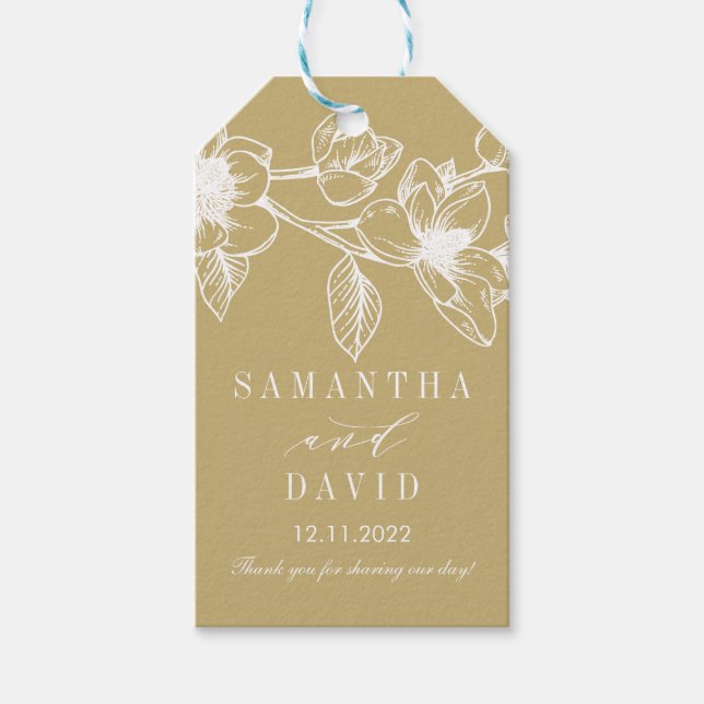 Étiquettes-cadeau Fleurs Chic Magnolia | Mariage or (Devant)