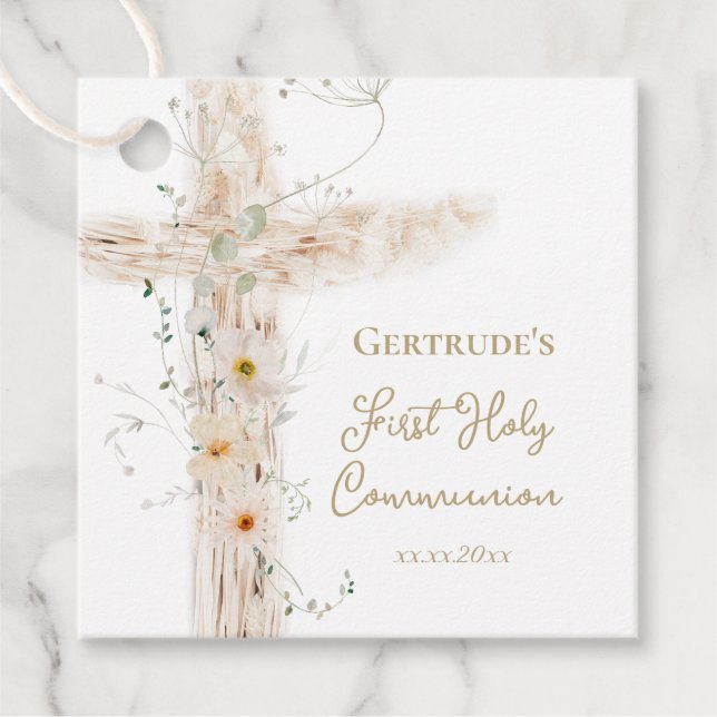 Étiquettes Cadeau fleurs croix Première Sainte Communion (Devant)