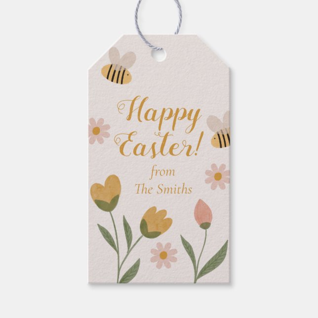Étiquettes-cadeau Fleurs d'aquarelle & abeilles Pâques printemps (Devant)