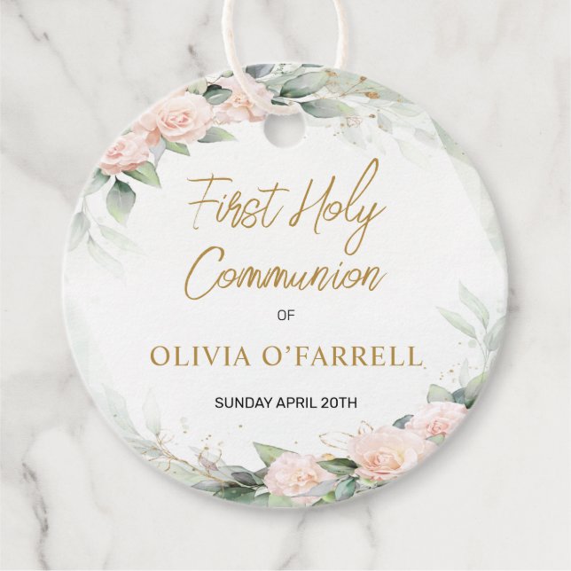 Étiquettes Cadeau Fleurs d'aquarelle rose Merci Communion (Devant)