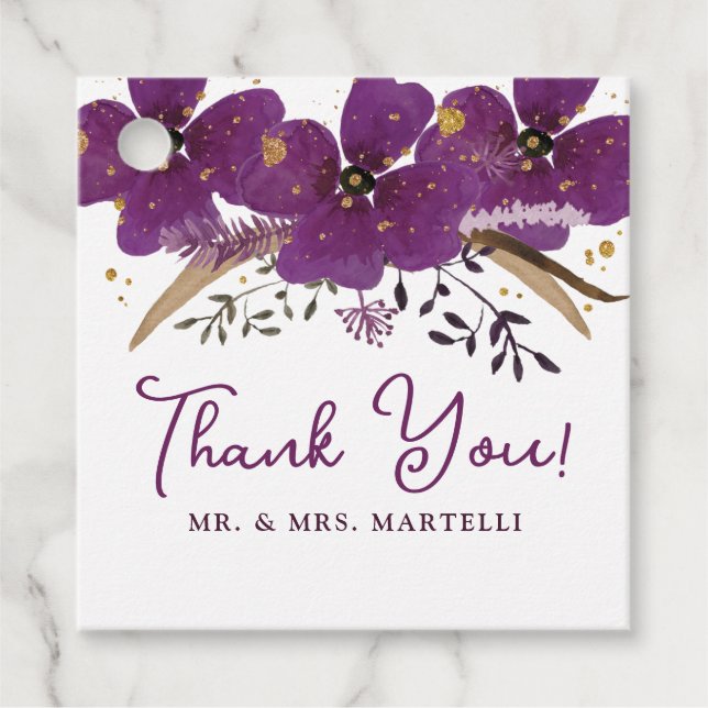 Étiquettes Cadeau Fleurs d'aquarelle violette et Parties scintillant (Devant)