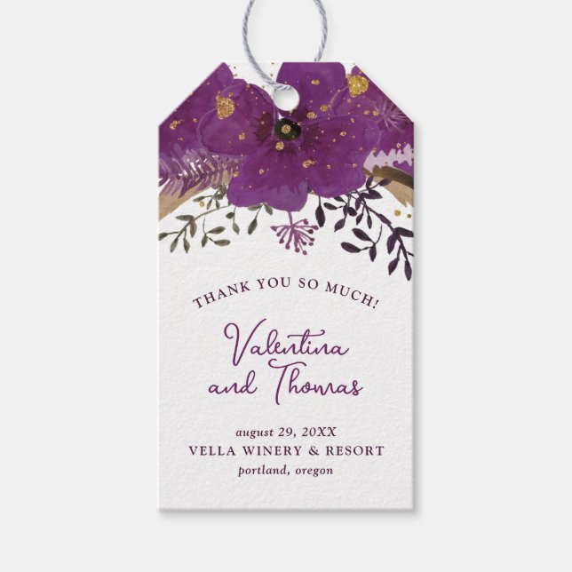 Étiquettes-cadeau Fleurs d'aquarelle violette Faveur de mariage (Devant)