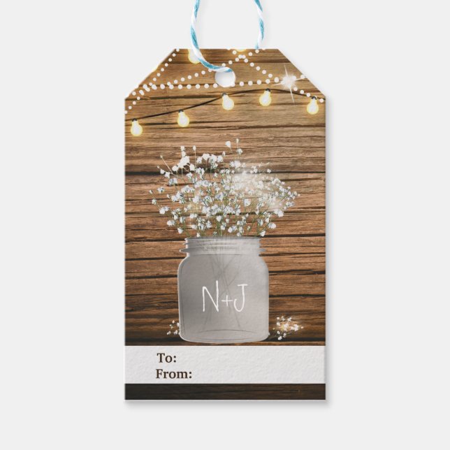Étiquettes-cadeau Fleurs de Baby's Breath dans un pot Mason rustique (Devant)