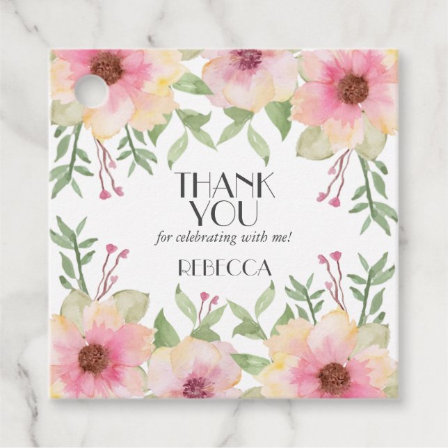 Étiquettes Cadeau Fleurs de cerisier rose aquarelle Merci (Devant)