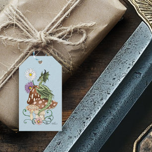 Étiquettes-cadeau Fleurs de Champignon de Dragon de Fantaisie Verte