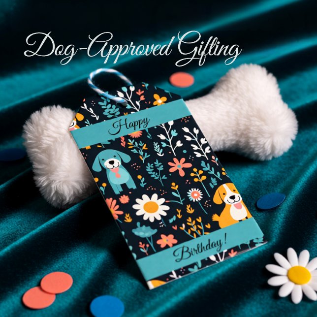 Étiquettes-cadeau Fleurs de chiot bleu mignonne customisées (Cute Blue Puppy Floral Birthday Blue & Orange Gift Tags)