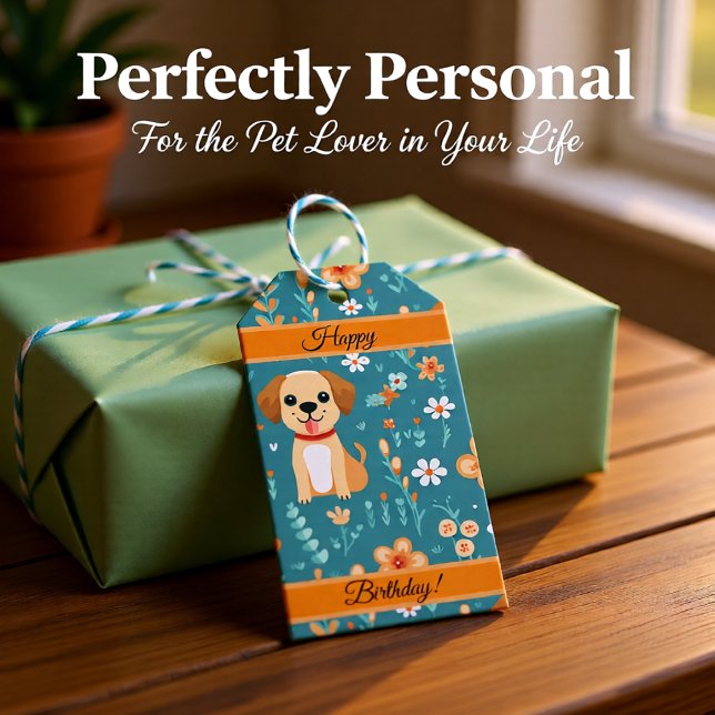 Étiquettes-cadeau Fleurs de chiot orange mignonnes customisées (Cute Orange Puppy & Floral Birthday Gift Tags)