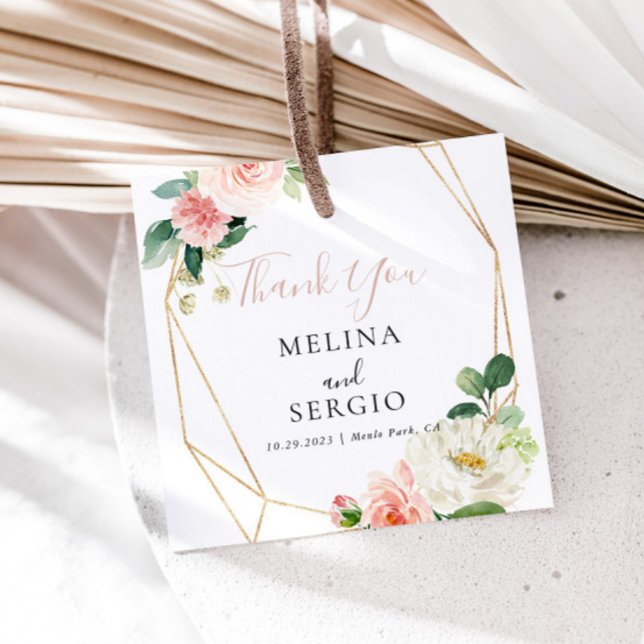 Étiquettes Cadeau Fleurs de chute géométriques or Merci Mariage (Créateur téléchargé)