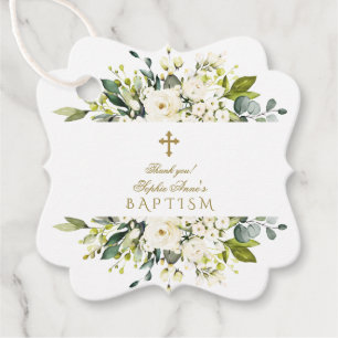 Étiquettes Cadeau Fleurs de crème blanche délicates Croix d'or Baptê