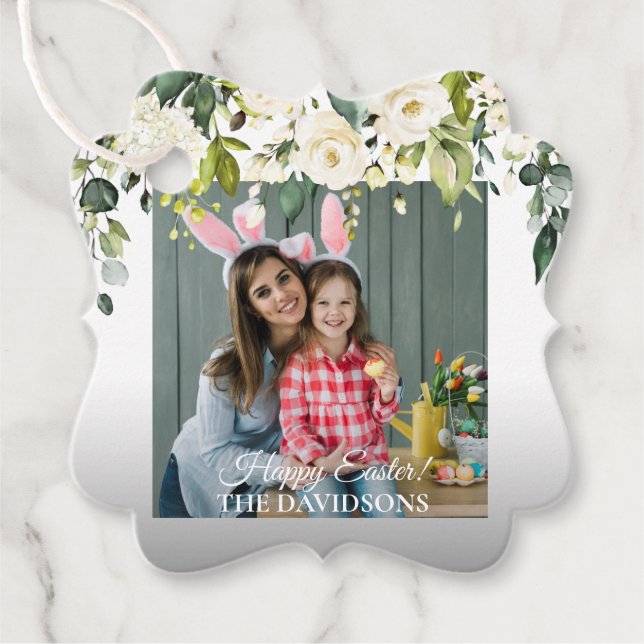 Étiquettes Cadeau Fleurs de crème blanche Gold Photo Oeufs Chasse Pâ (Devant)