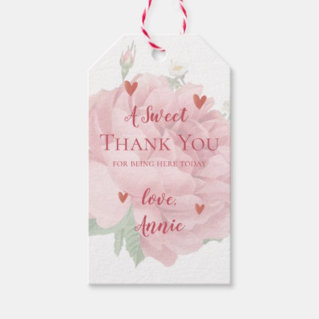 Étiquettes-cadeau Fleurs de douche nuptiale Joli rose blush Merci (Devant)