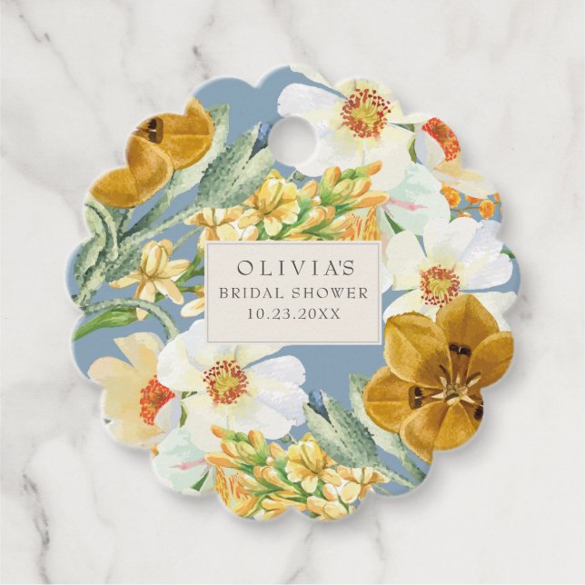 Étiquettes Cadeau Fleurs de jardin bleu poussiéreux Shower de mariag (Devant)