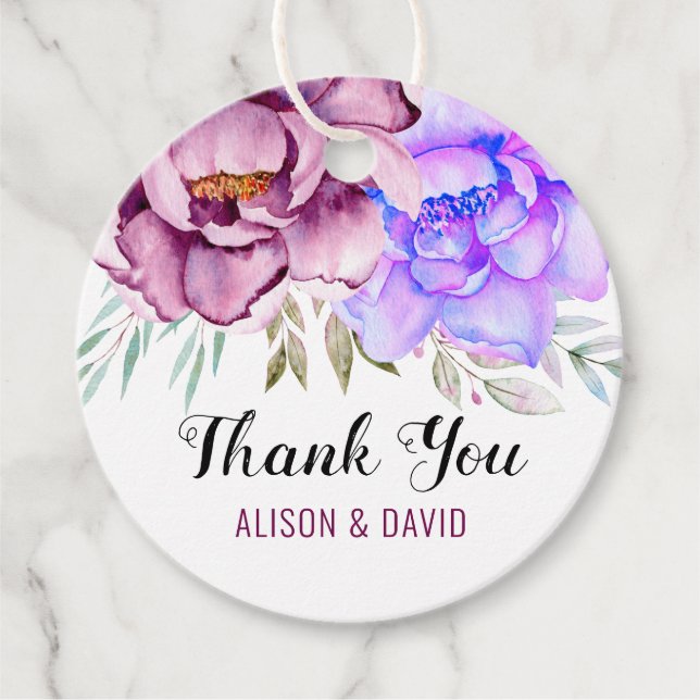 Étiquettes Cadeau Fleurs de mariage florales aquarelles violettes et (Devant)