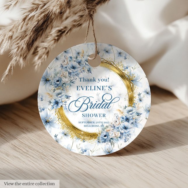 Étiquettes Cadeau Fleurs de mariage pailletées or bleu clair élégant (Elegant Light Blue Gold Glitter Flowers Bridal Favor Tags )