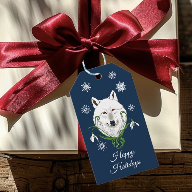 Étiquettes-cadeau Fleurs de neige du Loup arctique blanc (Créateur téléchargé)