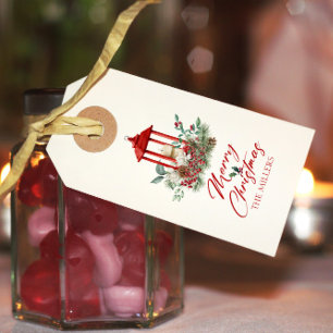 Étiquettes-cadeau Fleurs de Noël joyeux et bouquet de lanterne