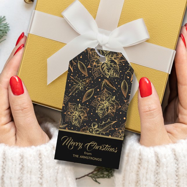 Étiquettes-cadeau Fleurs de Noël Or et Noir (Gold poinsettias, holly and berries on black Christmas favor gift tags)