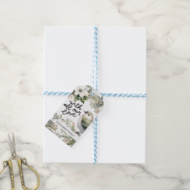 Étiquettes-cadeau Fleurs de Noël personnalisées et oiseaux - Tout no (Avec de laficelle)