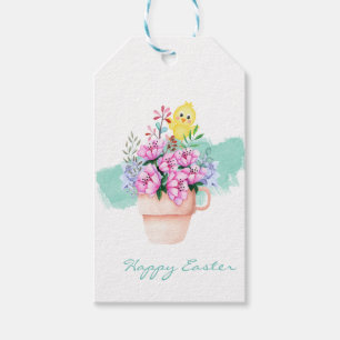 Étiquettes-cadeau Fleurs de printemps avec poussins de Pâques