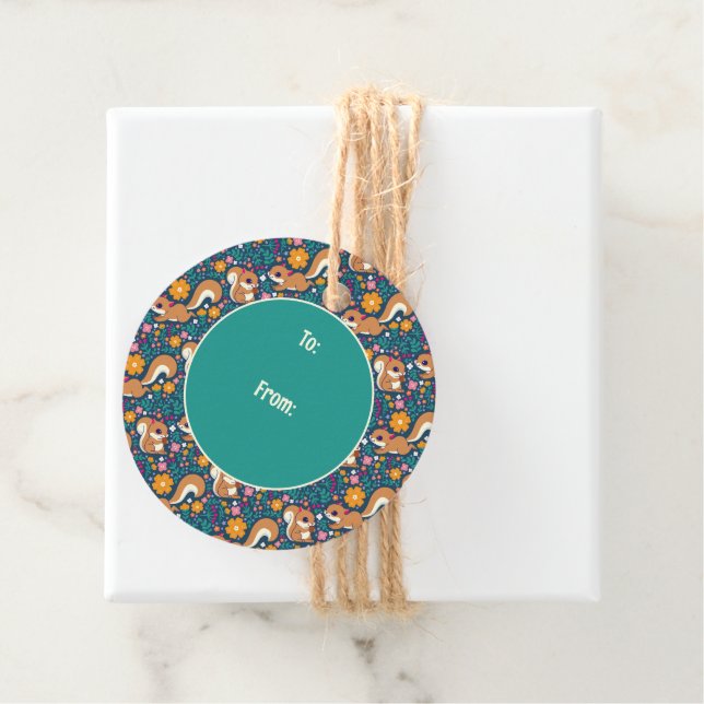 Étiquettes Cadeau Fleurs de printemps et écureuils (En situation)