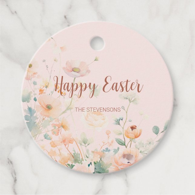 Étiquettes Cadeau Fleurs de printemps rose pastel Joyeuses Pâques (Devant)