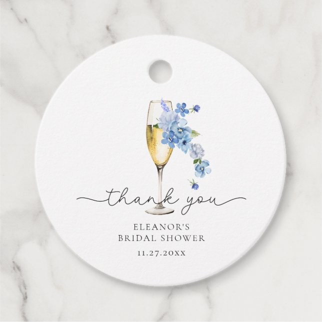 Étiquettes Cadeau Fleurs de remerciement bleues et prosecco pour ent (Devant)