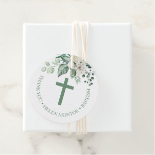 Étiquettes Cadeau Fleurs de rose blanche Merci de l'eucalyptus Baptê