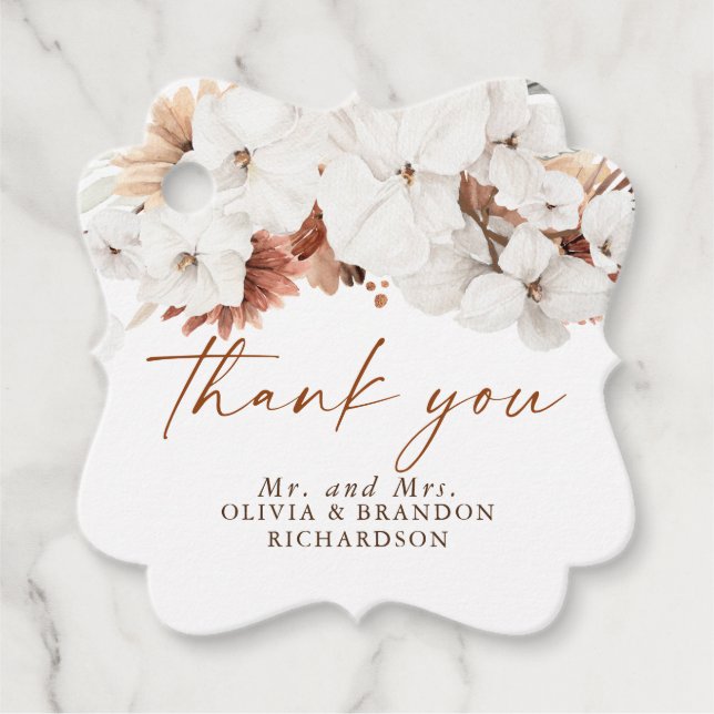 Étiquettes Cadeau Fleurs de terre cuite et blanches Boho Merci (Devant)