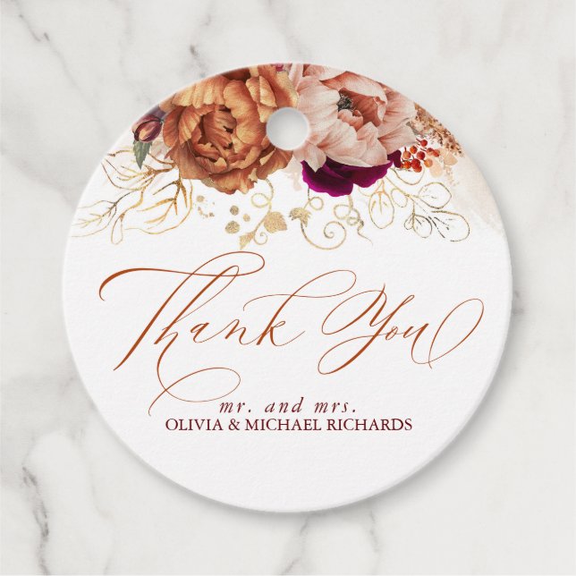 Étiquettes Cadeau Fleurs de terre cuite rouille bordeaux rouge Merci (Devant)