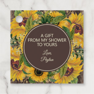 Étiquettes Cadeau Fleurs de tournesol jaunes en bois rustique, cadea