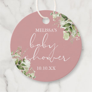 Étiquettes Cadeau Fleurs de verdure Rose Poussiéreuse Fille Baby Sho
