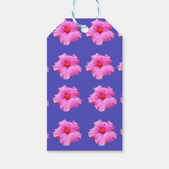 Étiquettes-cadeau Fleurs d'hibiscus roses sur violet, (Devant)