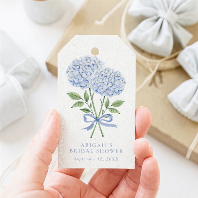 Étiquettes-cadeau Fleurs d'hydrangea bleue aquarelle avec ruban (Créateur téléchargé)
