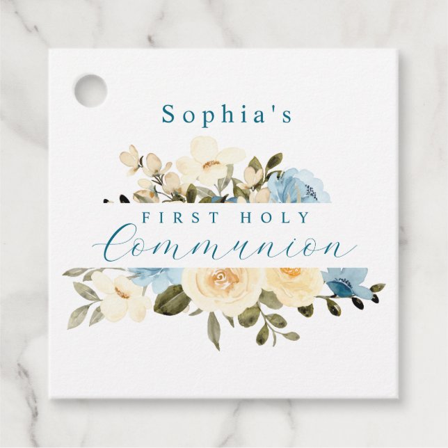 Étiquettes Cadeau Fleurs d'ivoire Bleu Verdure Première Communion sa (Devant)