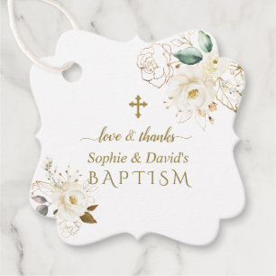 Étiquettes Cadeau Fleurs d'or blanc délicat Croix d'or Baptême Fa