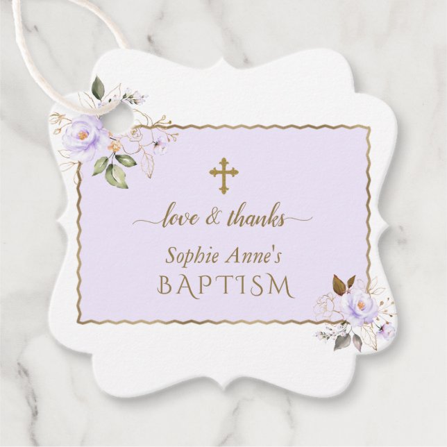 Étiquettes Cadeau Fleurs d'or violet clair Croix d'or Baptême (Devant)