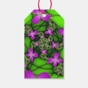 Étiquettes-cadeau Fleurs fractales Abstraites de néon rose vert