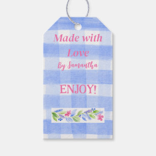 Étiquettes-cadeau Fleurs Gingham Vérifié Bleu CRÉÉ AVEC AMOUR lg