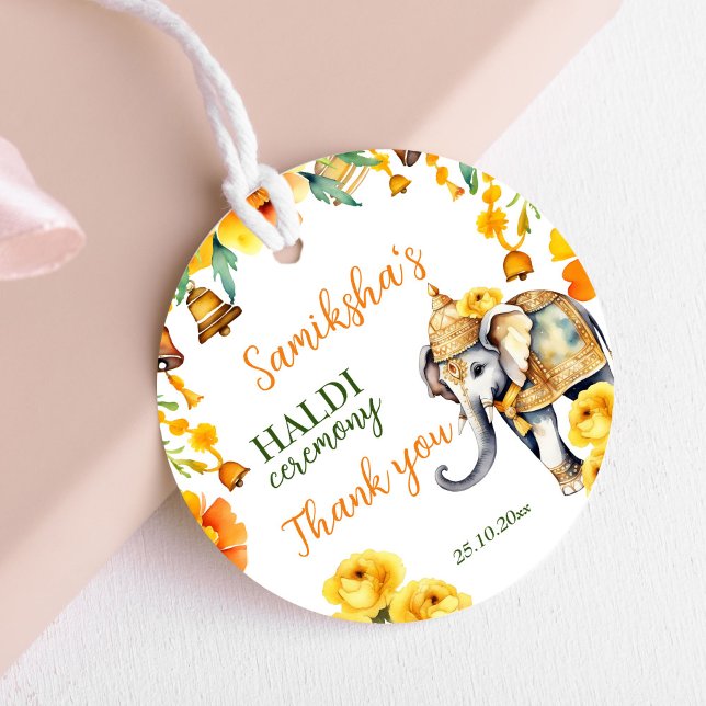 Étiquettes Cadeau Fleurs jaunes d'éléphants mariages haldi en Inde (Haldi Indian wedding ornate elephant favor gift thank you gift tags modern watercolor elephant)