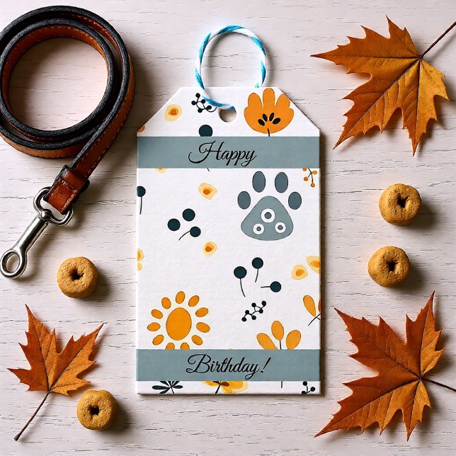 Étiquettes-cadeau Fleurs mignonnes Puppy Paws customisées (Cute Puppy Paw Floral Birthday Gift Tags)
