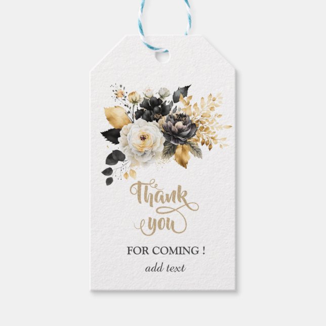 Étiquettes-cadeau Fleurs noires et blanches sur fond or (Devant)
