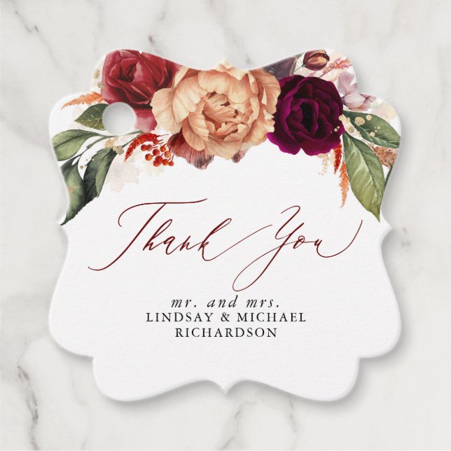 Étiquettes Cadeau Fleurs orange et rouge Bourgogne, remerciement d'a (Devant)