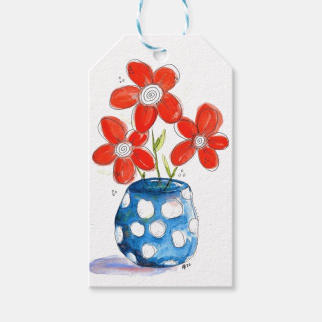 Étiquettes-cadeau Fleurs orangées Whimsical dans Vase Bleu (Devant)