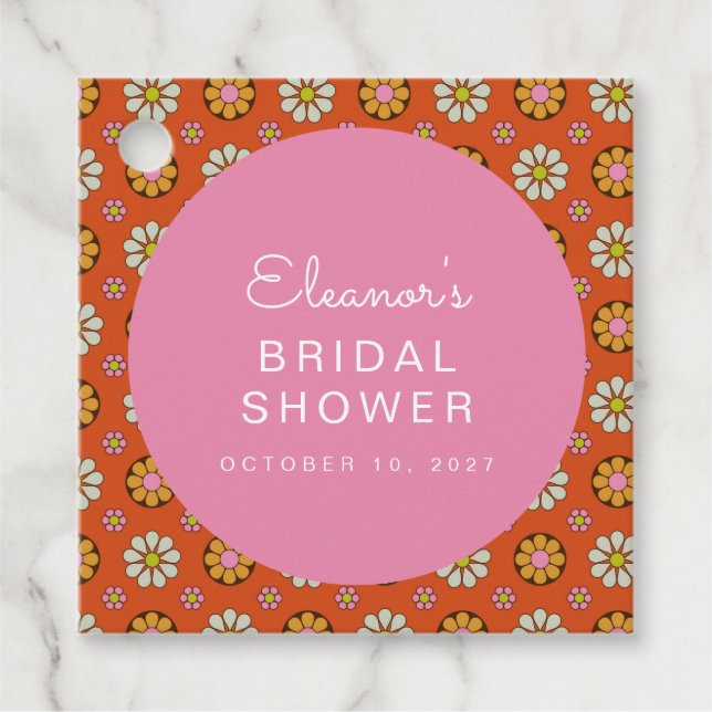 Étiquettes Cadeau Fleurs Rétro Années 60 Orange Rose Mariage Personn (Devant)