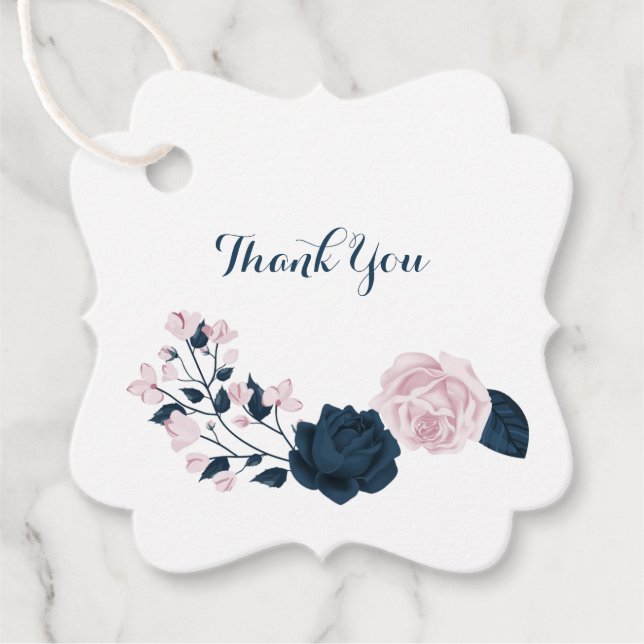 Étiquettes Cadeau fleurs rose et marine merci (Devant)