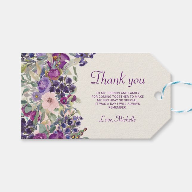 Étiquettes-cadeau Fleurs rose et violet pour anniversaire  (Devant (Horizontal))
