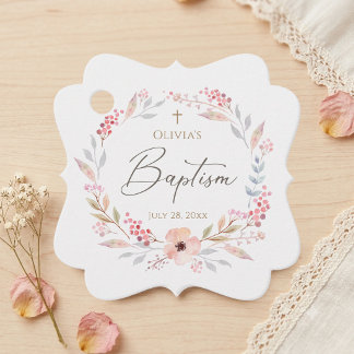 Étiquettes Cadeau Fleurs Rose Pâle Fille Baptême Élégant Carré