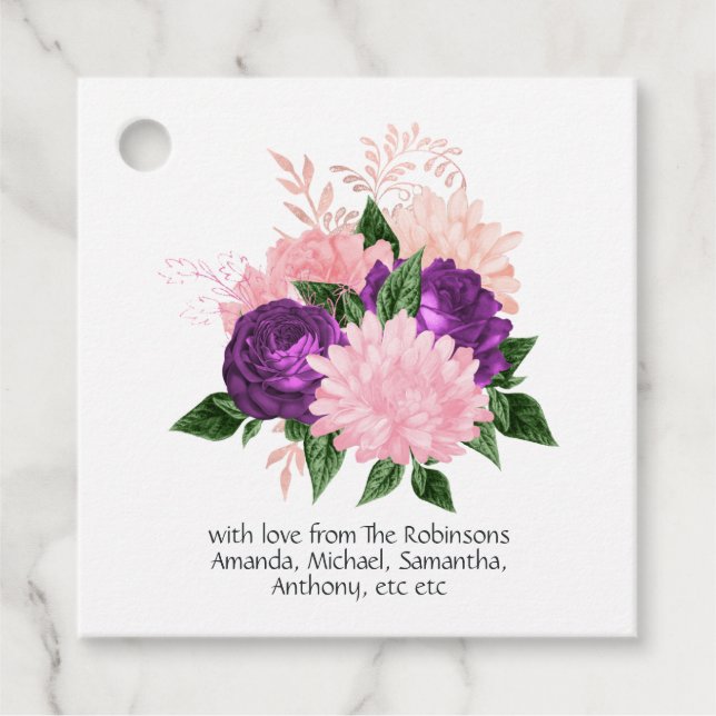 Étiquettes Cadeau Fleurs rose pêche et lavande violet (Devant)